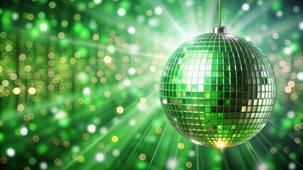 Vibrant green background showcases a lone disco ball, evoking nostalgic retro vibes, perfect for festive celebrations, parties, and vintage christmas cards.