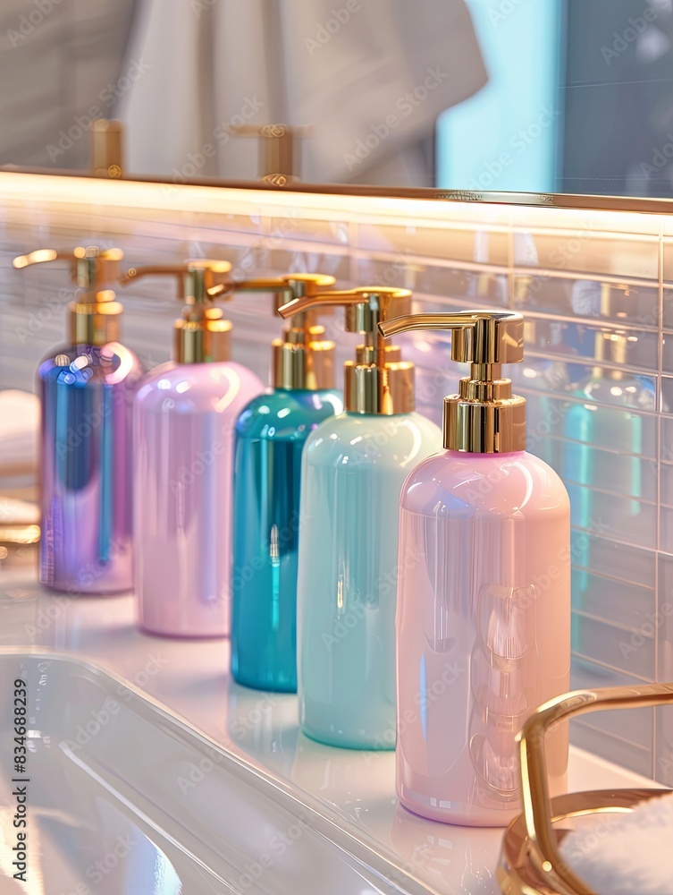 Poster A close-up shot of five iridescent bottles of shampoo and conditioner on a clean white countertop. Generative AI