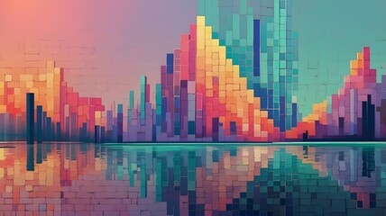 Fototapeta premium a colorful cityscape concept background. with a reflection of the city in the water.