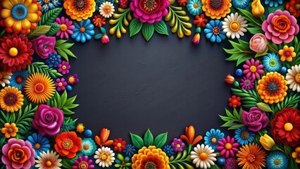 Vibrant colorful flowers frame on dark background, intricate floral abstract border inspired by traditional mexican folk art, perfect for festive occasions like cinco de mayo celebrations.