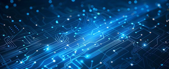 Blue digital technology background with a circuit board and glowing dots, a vector illustration of a cyber network connection pattern on a dark blue banner template for a tech or business concept desi