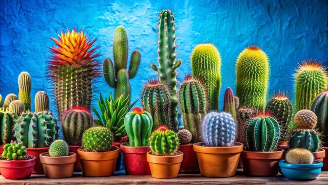 Vibrant succulent cacti varieties arranged on blue background, surrounded by colorful miniature plants border, evoking a sense of love for nature and home plant decor.