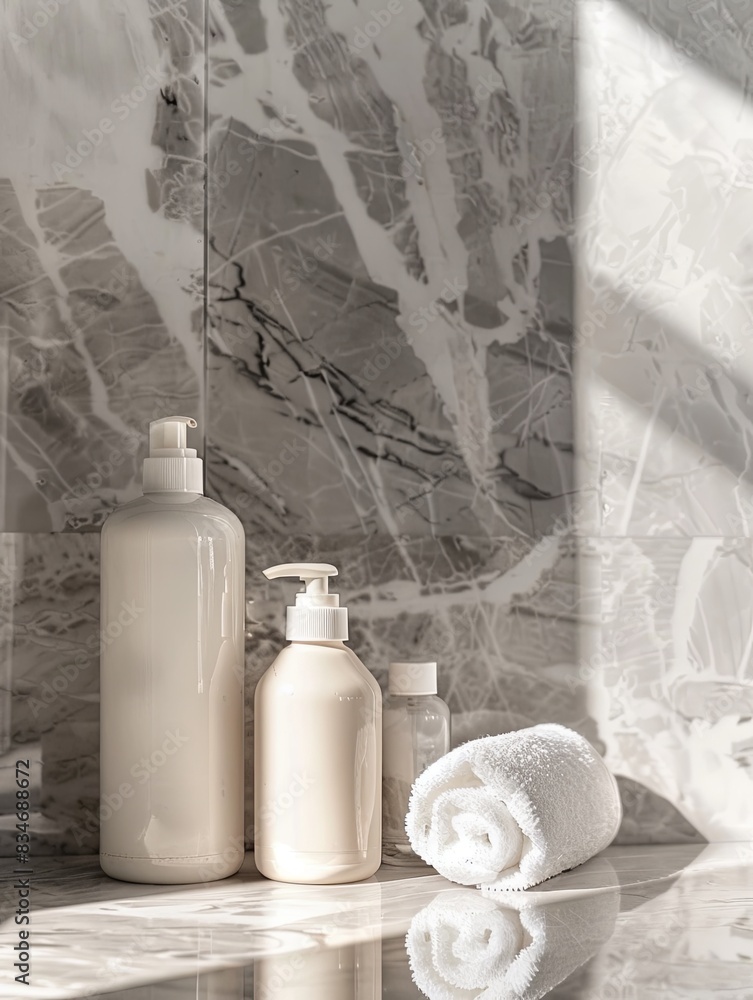 Aufkleber stylish bottles of shampoo and conditioner sit on a marble counter in a bathroom. generative ai