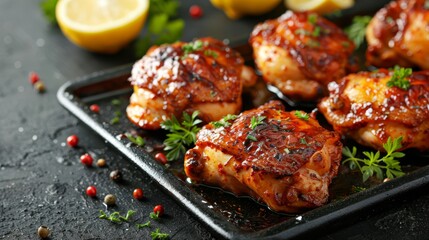  A black surface holds a plate topped with chicken wings, generously coated in sauce Parсsley garnishes the dish, alongside lemon wedges and a scattering of red pepper