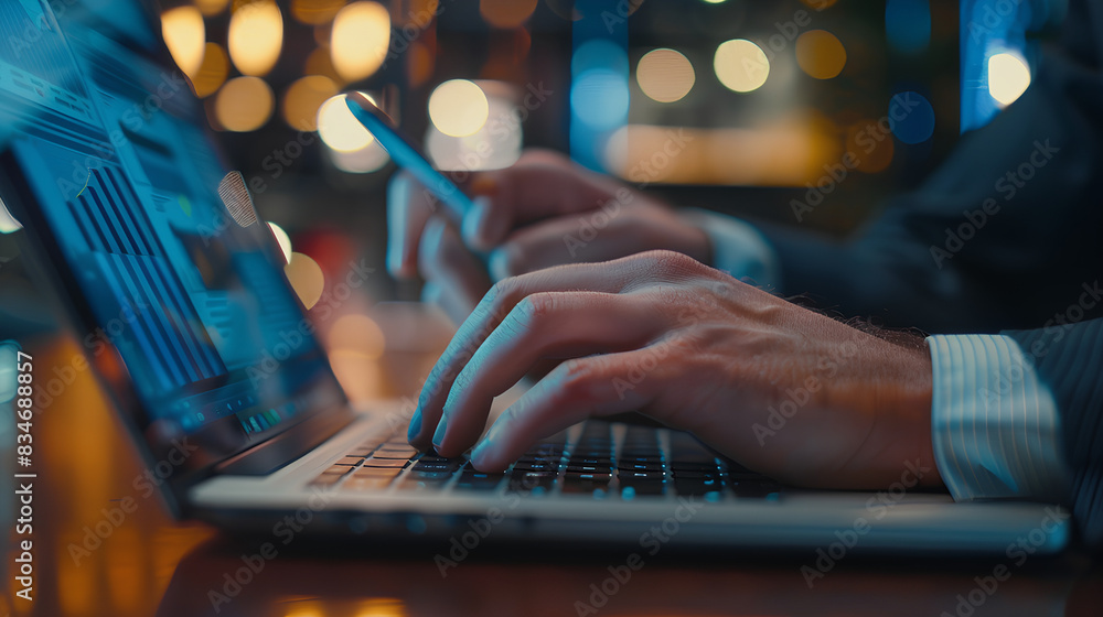 Poster businessman use laptop to analyze seo search engine optimization for promoting ranking traffic on we
