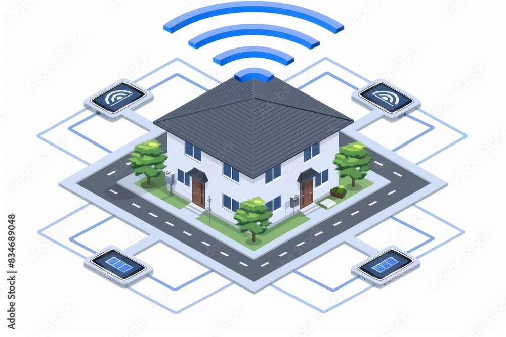 Poster digital illustration of a smart home network with various connected devices, highlighting technology