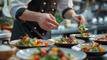 Cook in apron adding some sauce to dish. Cropped chef preparing food, meal, in kitchen, chef cooking