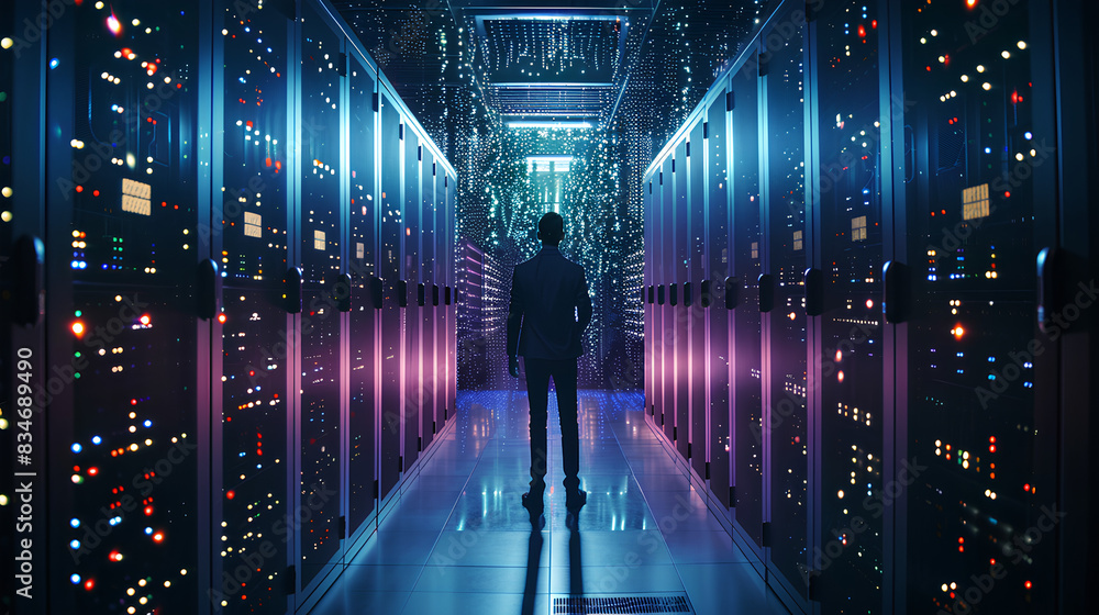 Poster businessman with virtual cyber security technology and online data protection for security of data s