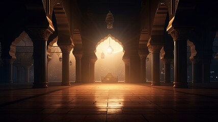 Moon light shine through the window into islamic mosque interior. Ramadan Kareem islamic background, generative ai