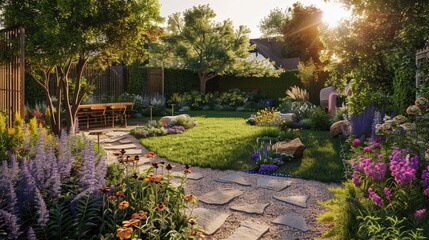 Naklejka premium happy family in their garden relaxing at sunset