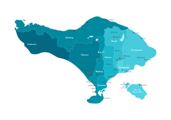 Vector isolated illustration. Simplified blue administrative map of Bali, Indonesia with nearest island Nusa Penida. White background. Names of cities, villages and Regencies