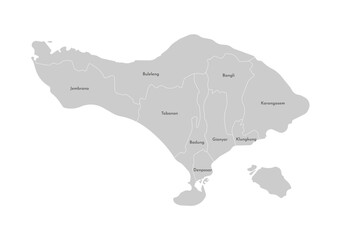 Vector isolated illustration of simplified administrative map of Bali, Indonesian island. Borders and names of the Regencies, regions. Grey silhouettes. White outline