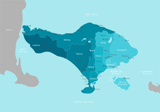 Vector modern illustration. Simplified administrative map of Bali, Indonesia. Border with nearest islands Java, Nusa Penida and etc. Blue background of seas. Names of cities, villages and Regencies