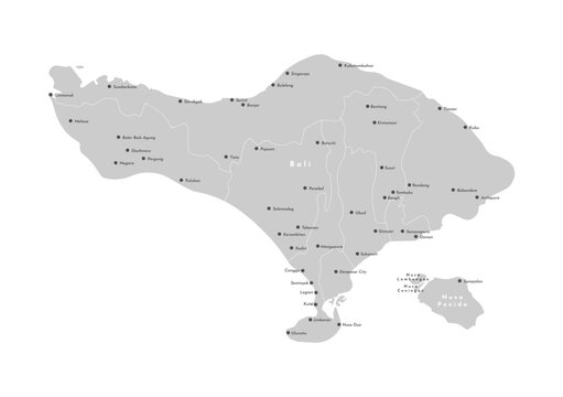 Vector Isolated illustration. Simplified grey administrative map of Bali, Indonesia. Border with nearest islands Nusa Penida. White background. Names of cities, villages