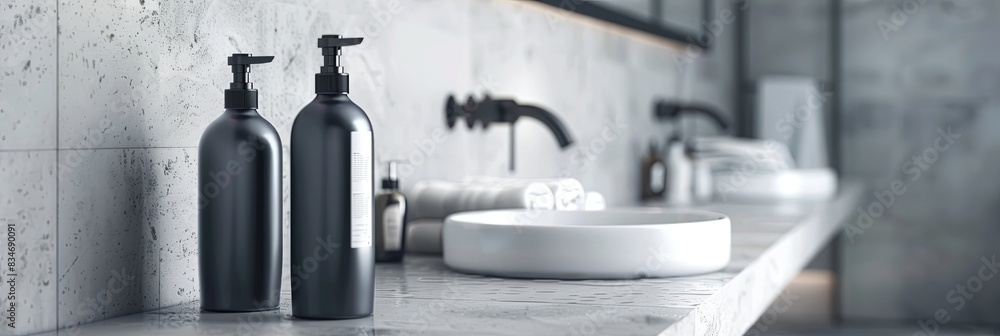 Poster two sleek shampoo and conditioner bottles on a bathroom counter. generative ai