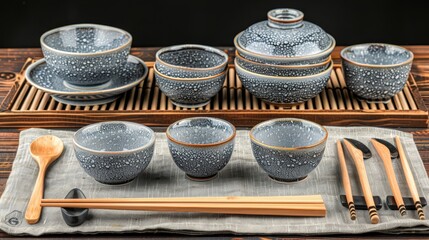  A wooden table is set with numerous dishes and utensils atop a cloth-covered place mat Nearby, a wooden tray holds bamboo utensils