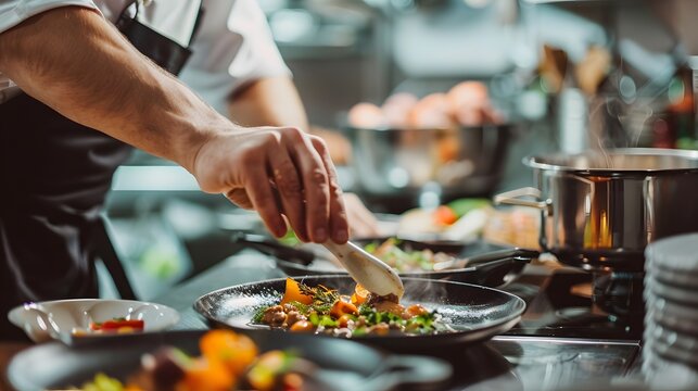 Cook in apron adding some sauce to dish. Cropped chef preparing food, meal, in kitchen, chef cooking