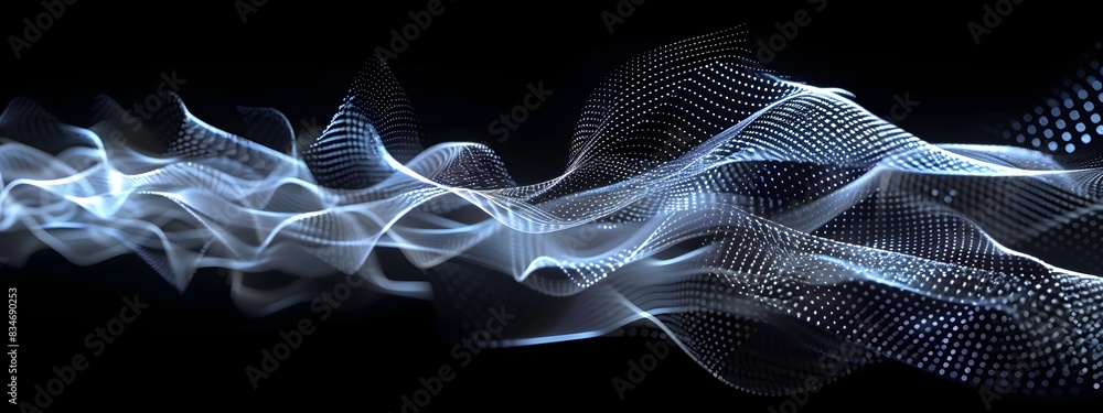 Poster mesmerizing 3d visualization of flowing sound waves across a futuristic digital landscape
