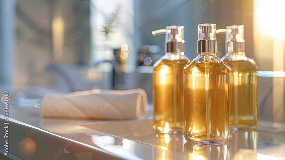 Poster three stylish bottles of shampoo and conditioner on a bathroom counter, bathed in warm sunlight. gen