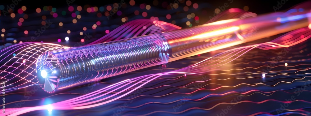 Poster vibrant tuning fork resonating with colorful neon lights and bokeh background