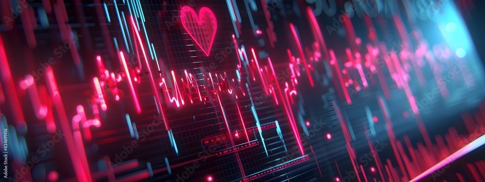 Poster futuristic glowing heart rate monitor display with pulsing neon waves and rhythm visualization