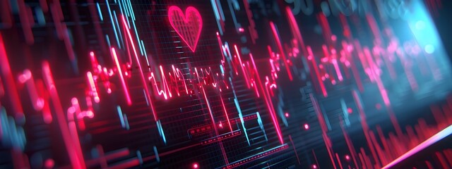 Obraz premium Futuristic Glowing Heart Rate Monitor Display with Pulsing Neon Waves and Rhythm Visualization