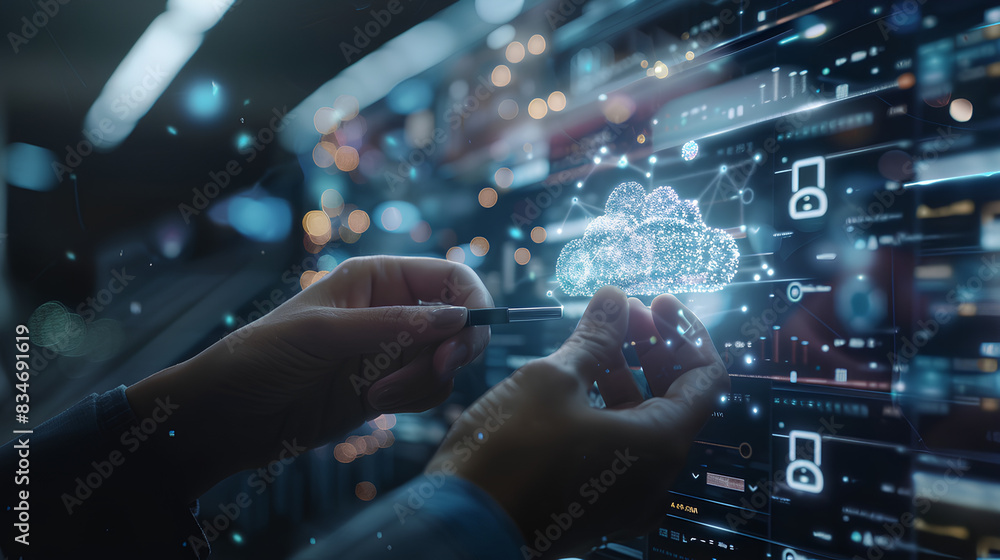 Poster cloud erp, enterprise resource planning concept. businessman connecting data with cloud computing to