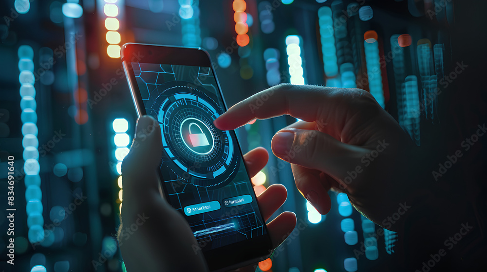 Poster cybersecurity and privacy concepts to protect data. businessman use smartphone with cyber security t