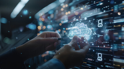 Fototapeta premium Cloud ERP, Enterprise Resource Planning concept. Businessman connecting data with cloud computing to access to HR management. Business resources plan to manage company enterprise resource