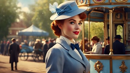 Create a digital illustration of a young pin-up style woman with auburn hair and blue eyes, as Mary Poppins at a carousel in the park, set in the British Edwardian period, the spring of 1910, colorful