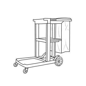 recommend clip art: Vector isometric illustration of janitor cart, cleaning cart. Line art is isolated on a white background.