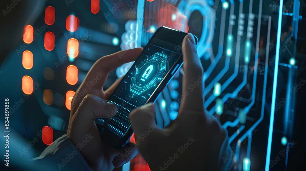 Poster cybersecurity and privacy concepts to protect data. businessman use smartphone with cyber security t