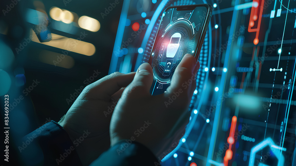 Poster cybersecurity and privacy concepts to protect data. businessman use smartphone with cyber security t
