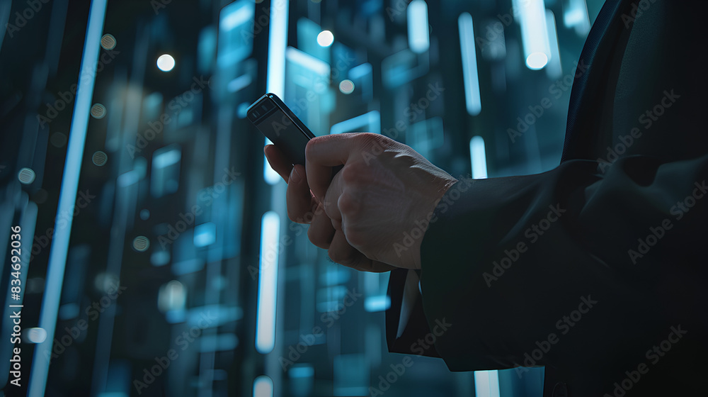 Poster cybersecurity and privacy concepts to protect data. businessman use smartphone with cyber security t