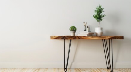 Minimalist solid wood table with hairpin legs, in an empty room with white walls and green plants on the side.