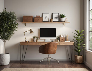  a high-quality 3D render of a stylish and functional home office. Incorporate a sleek desk, an ergonomic chair, and ample storage solutions like shelves and cabinets