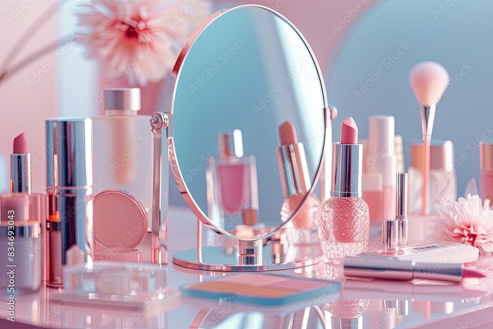 Poster a collection of cosmetic products neatly arranged around a tabletop mirror. generative ai