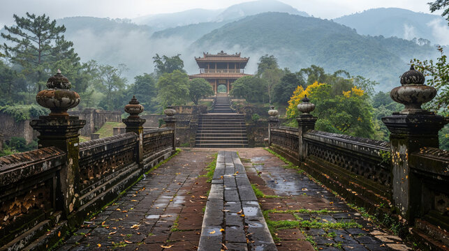 Asian Travel Concept with Historic Temples and Grand Traditional Architecture. Adventure Travel Background.