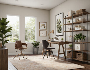 Fototapeta premium a high-quality 3D render of a stylish and functional home office. Incorporate a sleek desk, an ergonomic chair, and ample storage solutions like shelves and cabinets