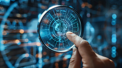 Know your customer (KYC) concept. Person use magnifying glass focus to identity verification system for Increase financial security and access personal financial data. Biometrics security