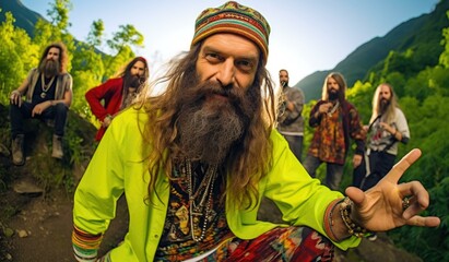 A group of men with long hair and beards, wearing colorful clothes, pose in a mountainous landscape. AI.