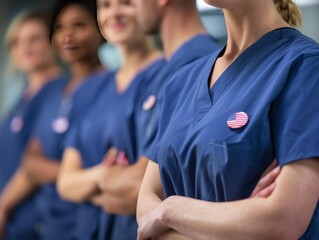 A group of nurses standing together with American flag pins on their uniforms, with ample copy space in the background