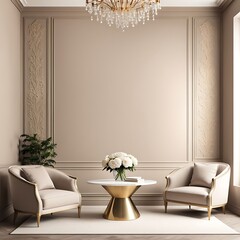 Luxury Living Room with Armchairs and Table. Warm Beige Taupe Interior Design with Decorative Plaster Stucco Accent Wall. Art Mockup. 3D Rendering