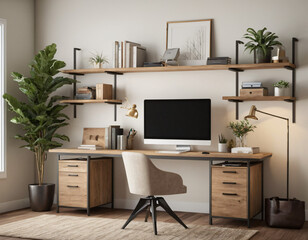  a high-quality 3D render of a stylish and functional home office. Incorporate a sleek desk, an ergonomic chair, and ample storage solutions like shelves and cabinets