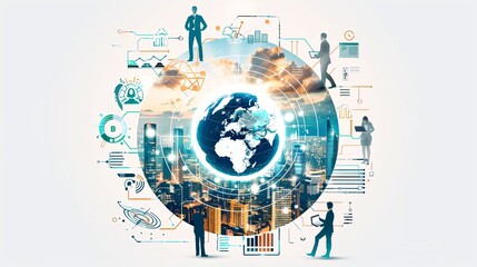 A circular logo with multiple images of business people working together, including one person holding up an AI model and another showing digital marketing graphics on their computer screen, all set