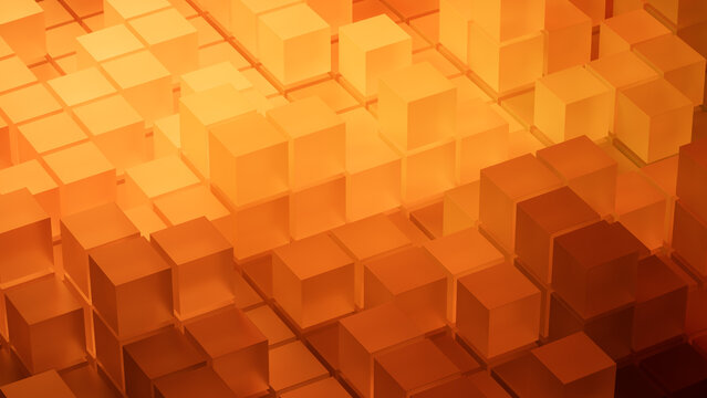 Orange and Yellow, Translucent Blocks Perfectly Arranged to create a Modern Tech Background. 3D Render.