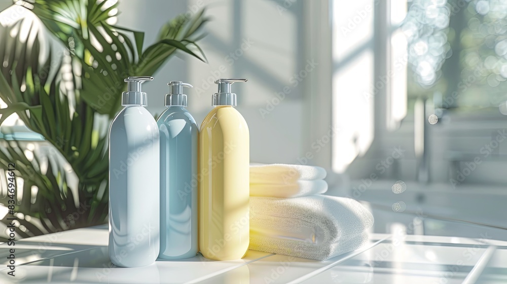 Poster Three elegant bottles of shampoo and conditioner are displayed on a countertop in a spa-like bathroom setting. Generative AI