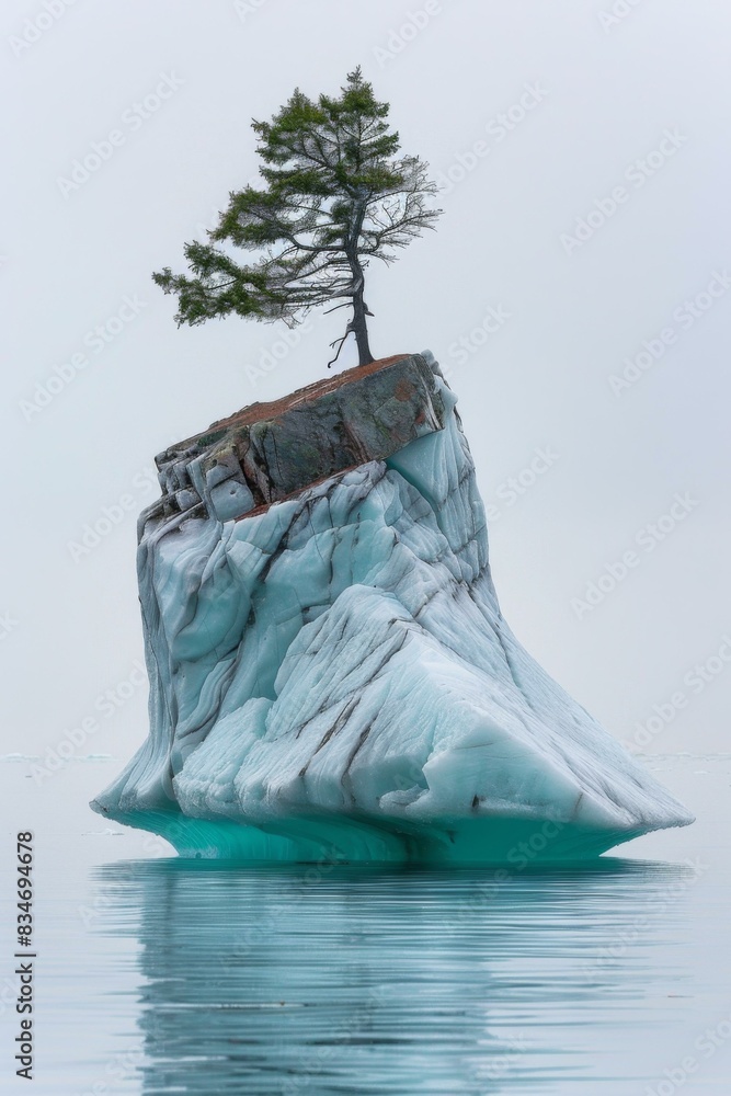 Poster a large iceberg with a tree on top of it. ai.