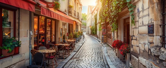 Fototapeta premium Old European Street With Cobblestone Roads, Cafes, Flower Boxes, Romantic Ambiance, Impressionistic Style, Muted Tones With Pops Of Red, Soft Evening Light