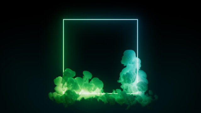 Green and Turquoise Neon Light with Cloud Formation. Square shaped Fluorescent Frame in Dark Environment.